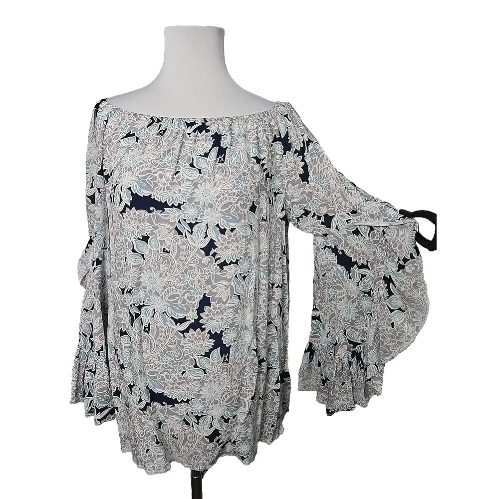 Fever Gray Floral Print Ruffle Bell Sleeve Off Shoulder Tunic Top Medium